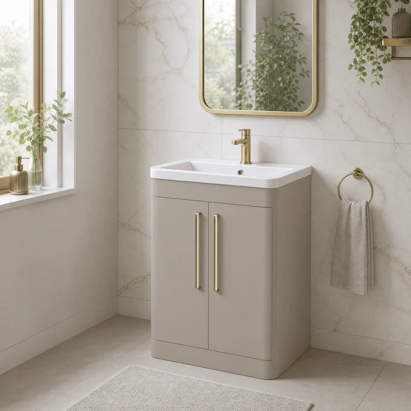 Parade 600mm 2 Door Floor Standing Vanity Unit With Ceramic Basin - Pebble Grey Satin