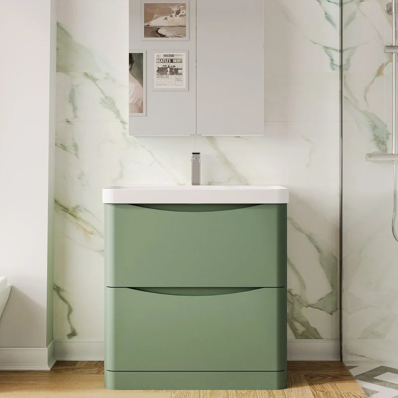 Lunar 800mm Floor Standing 2 Drawer Vanity & Thin Edge Ceramic Basin - Green Satin