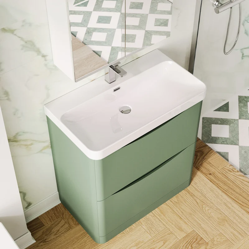 Lunar 800mm Floor Standing 2 Drawer Vanity & Thin Edge Ceramic Basin - Green Satin