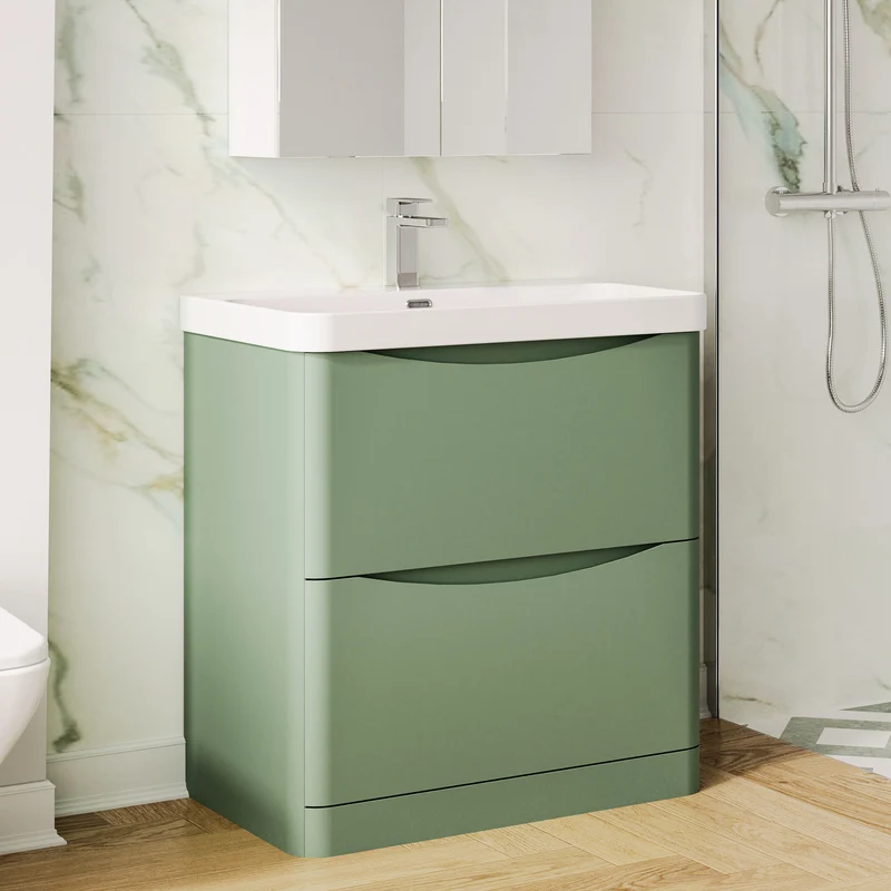 Lunar 800mm Floor Standing 2 Drawer Vanity & Thin Edge Ceramic Basin - Green Satin