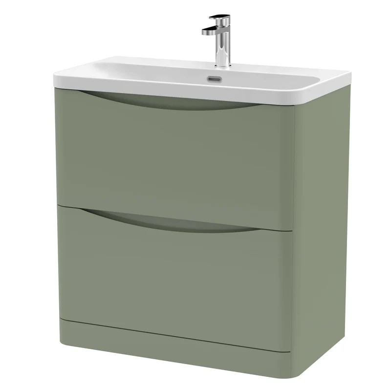 Lunar 800mm Floor Standing 2 Drawer Vanity & Thin Edge Ceramic Basin - Green Satin