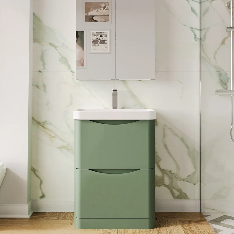 Lunar 600mm Floor Standing 2 Drawer Vanity & Thin Edge Ceramic Basin - Green Satin