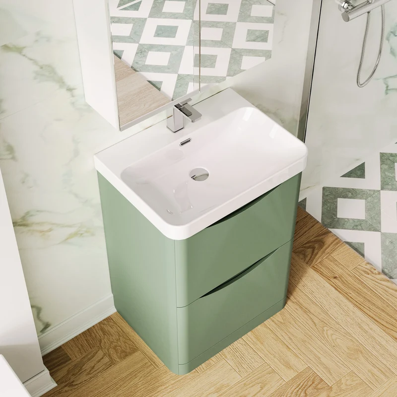 Lunar 600mm Floor Standing 2 Drawer Vanity & Thin Edge Ceramic Basin - Green Satin
