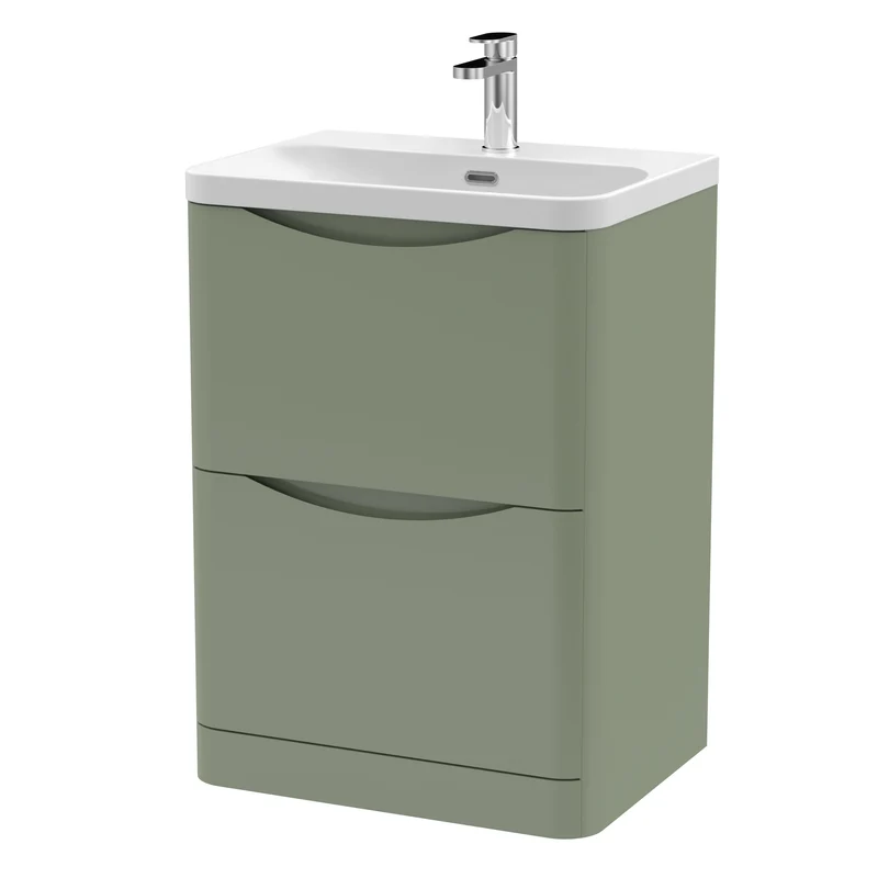 Lunar 600mm Floor Standing 2 Drawer Vanity & Thin Edge Ceramic Basin - Green Satin