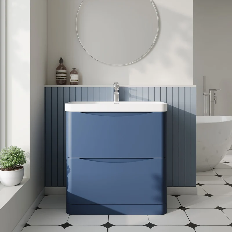 Lunar 800mm Floor Standing 2 Drawer Vanity & Thin Edge Ceramic Basin - Blue Satin