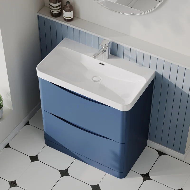 Lunar 800mm Floor Standing 2 Drawer Vanity & Thin Edge Ceramic Basin - Blue Satin