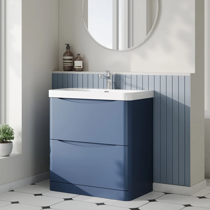 Lunar 800mm Floor Standing 2 Drawer Vanity & Thin Edge Ceramic Basin - Blue Satin