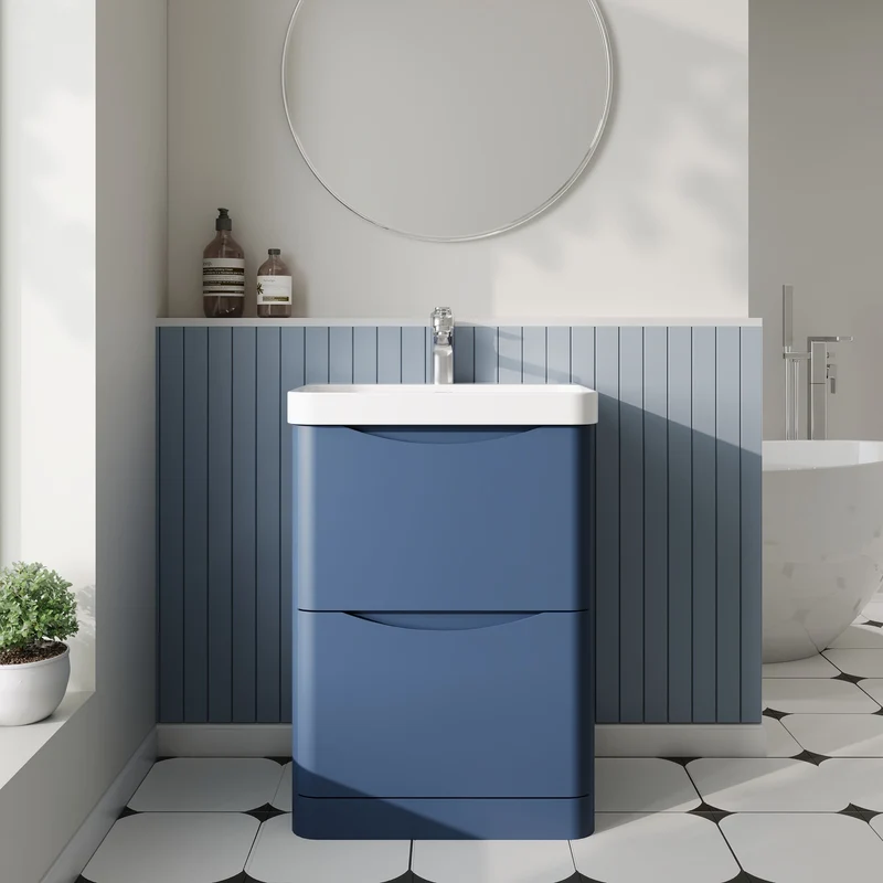 Lunar 600mm Floor Standing 2 Drawer Vanity & Thin Edge Ceramic Basin - Blue Satin