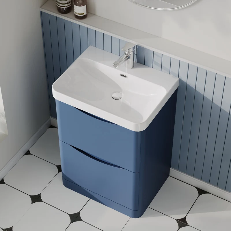 Lunar 600mm Floor Standing 2 Drawer Vanity & Thin Edge Ceramic Basin - Blue Satin
