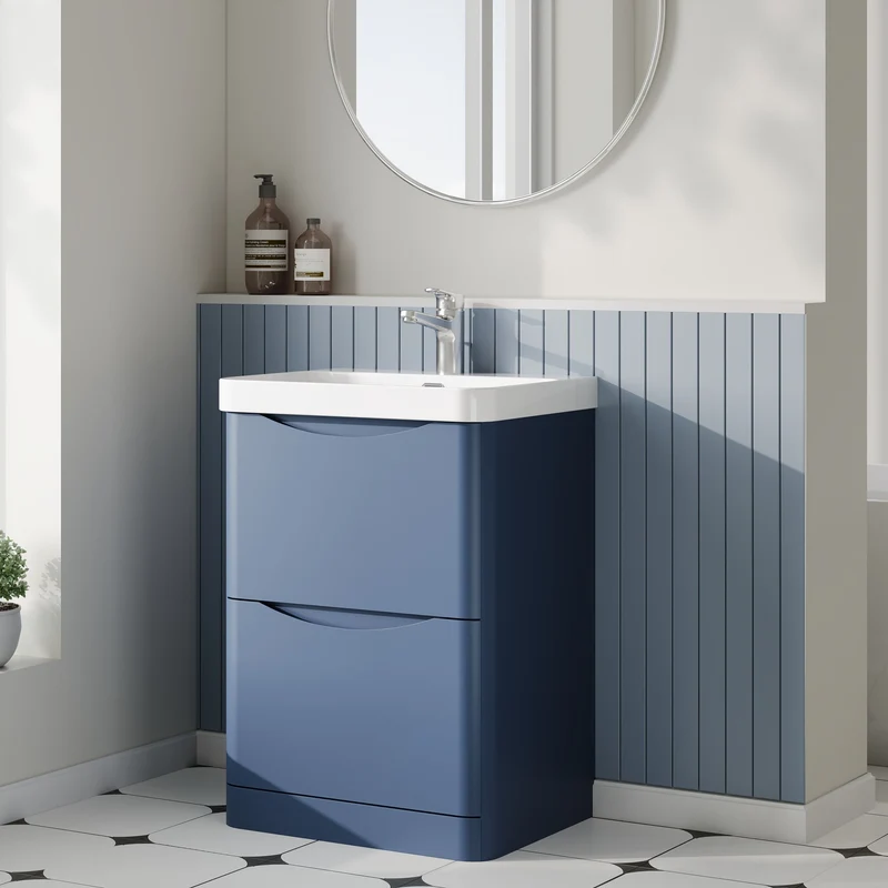 Lunar 600mm Floor Standing 2 Drawer Vanity & Thin Edge Ceramic Basin - Blue Satin