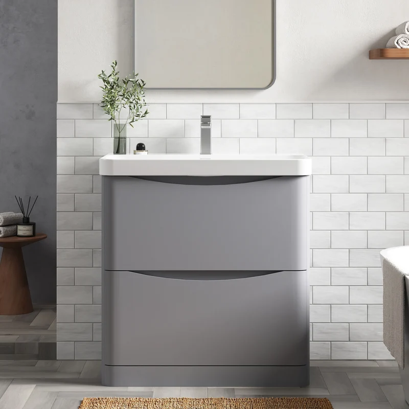 Lunar 800mm Floor Standing 2 Drawer Vanity & Thin Edge Ceramic Basin - Grey Satin