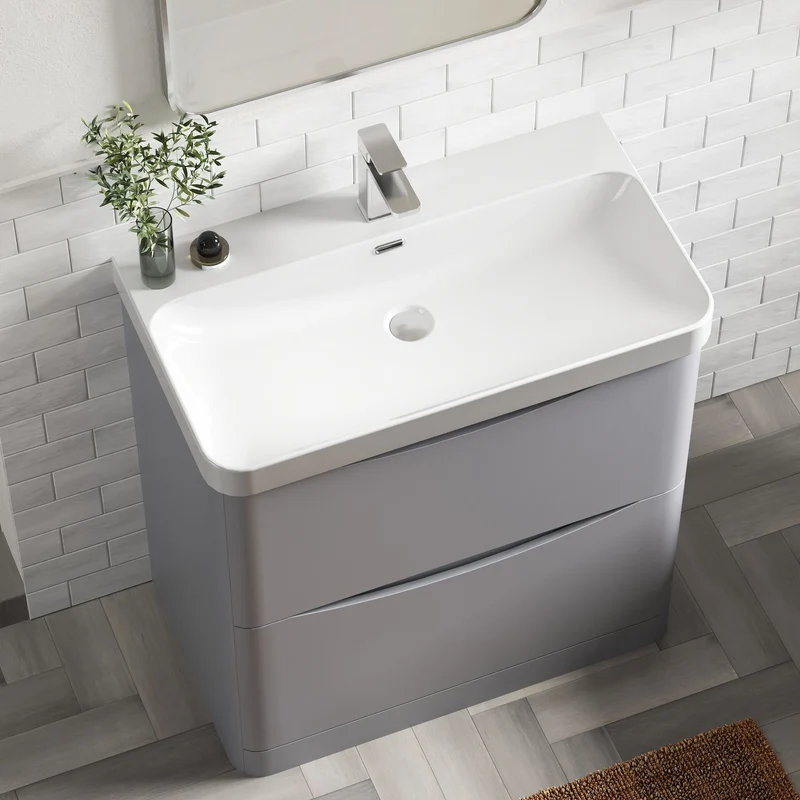 Lunar 800mm Floor Standing 2 Drawer Vanity & Thin Edge Ceramic Basin - Grey Satin