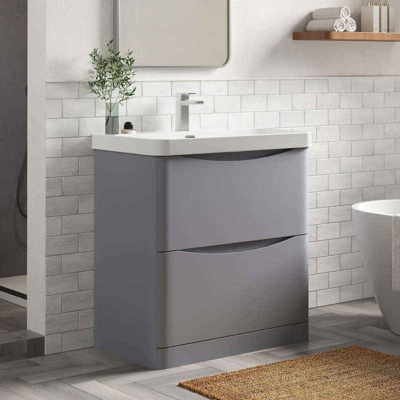 Lunar 800mm Floor Standing 2 Drawer Vanity & Thin Edge Ceramic Basin - Grey Satin