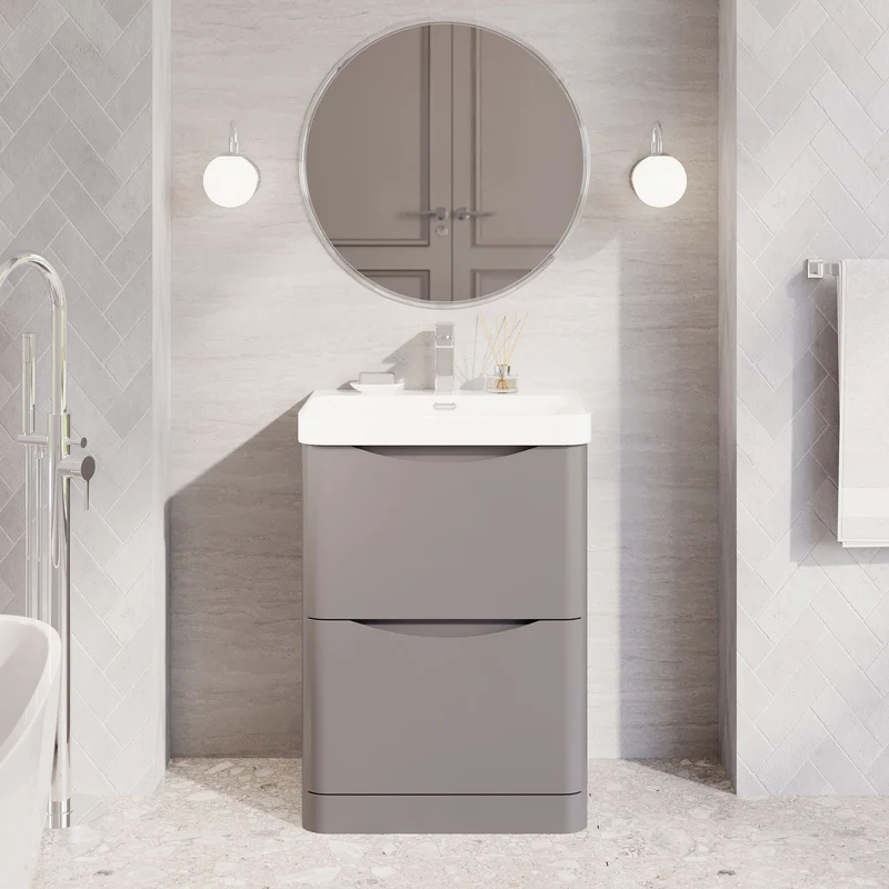 Lunar 600mm Floor Standing 2 Drawer Vanity & Thin Edge Ceramic Basin - Grey Satin