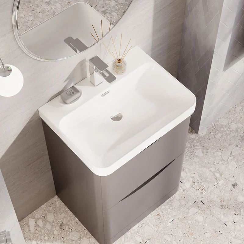 Lunar 600mm Floor Standing 2 Drawer Vanity & Thin Edge Ceramic Basin - Grey Satin