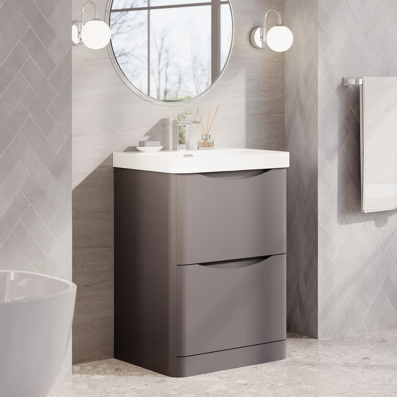 Lunar 600mm Floor Standing 2 Drawer Vanity & Thin Edge Ceramic Basin - Grey Satin