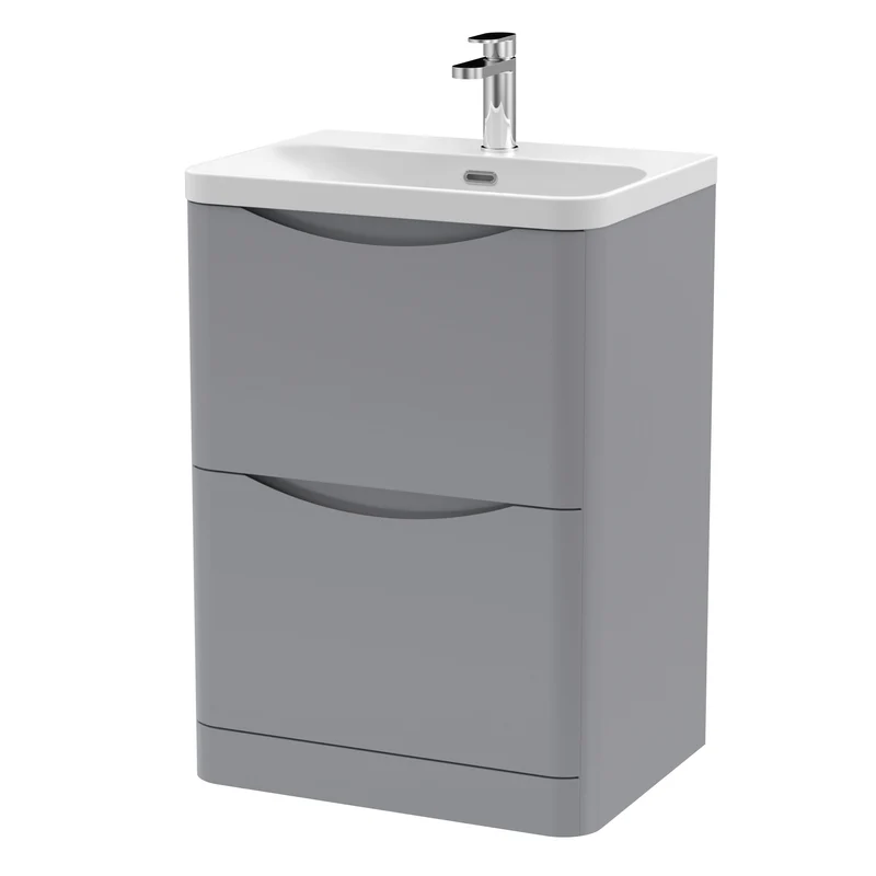 Lunar 600mm Floor Standing 2 Drawer Vanity & Thin Edge Ceramic Basin - Grey Satin