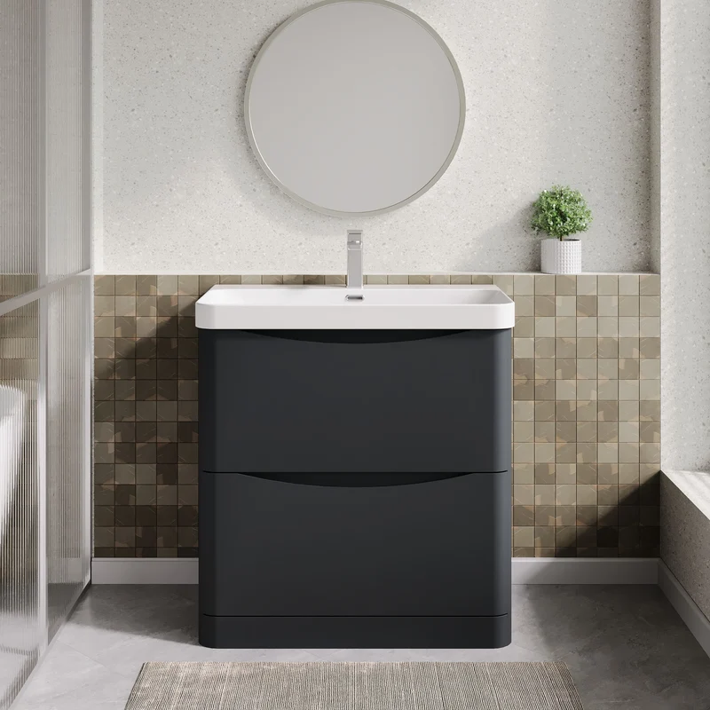 Lunar 800mm Floor Standing 2 Drawer Vanity & Thin Edge Ceramic Basin - Soft Black Satin