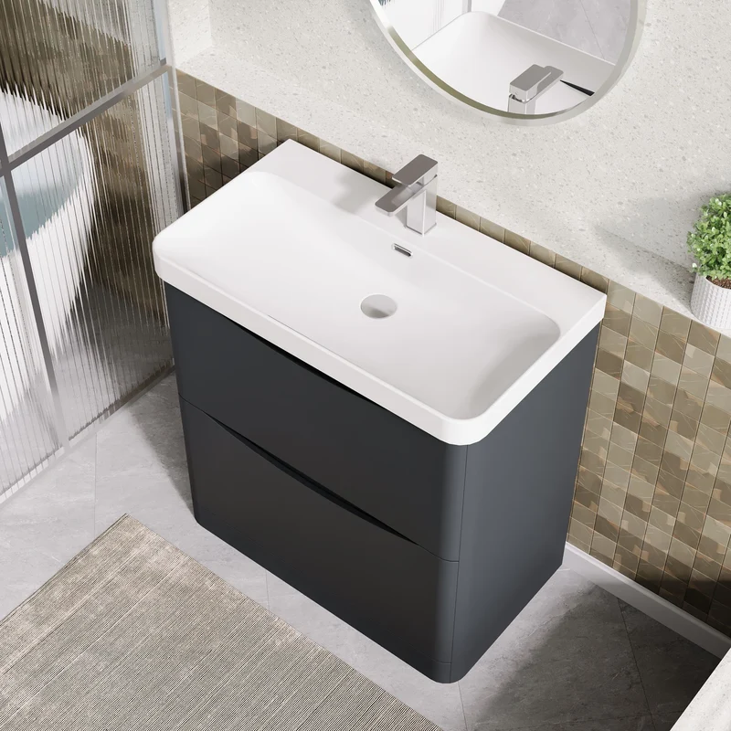 Lunar 800mm Floor Standing 2 Drawer Vanity & Thin Edge Ceramic Basin - Soft Black Satin
