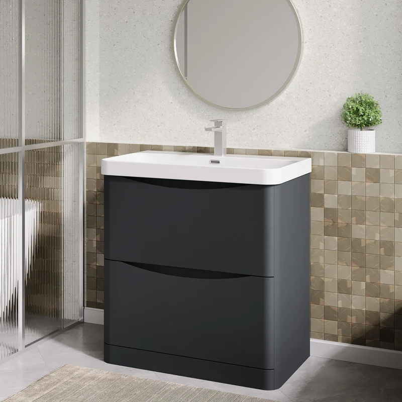 Lunar 800mm Floor Standing 2 Drawer Vanity & Thin Edge Ceramic Basin - Soft Black Satin
