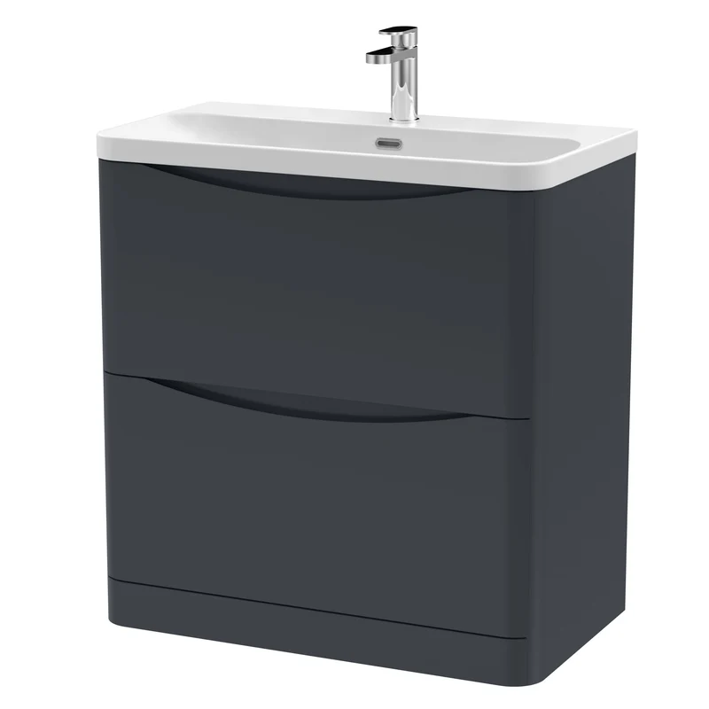 Lunar 800mm Floor Standing 2 Drawer Vanity & Thin Edge Ceramic Basin - Soft Black Satin