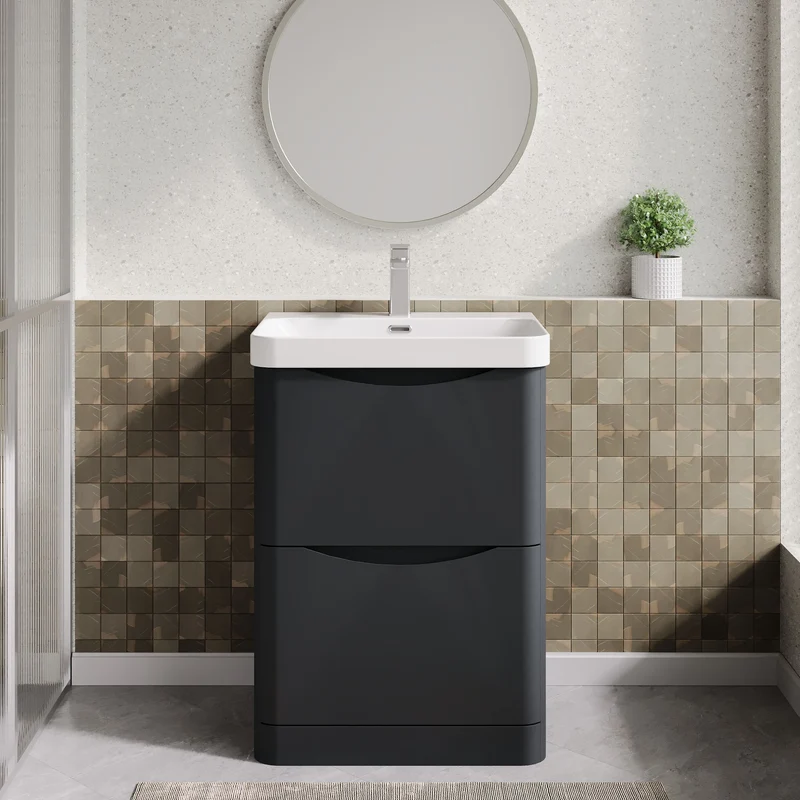 Lunar 600mm Floor Standing 2 Drawer Vanity & Thin Edge Ceramic Basin - Soft Black Satin