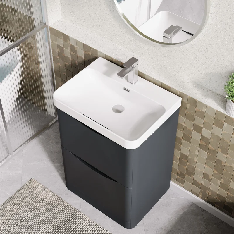 Lunar 600mm Floor Standing 2 Drawer Vanity & Thin Edge Ceramic Basin - Soft Black Satin