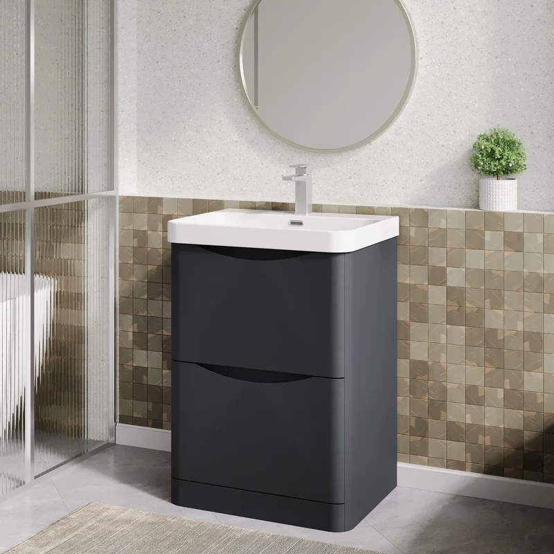 Lunar 600mm Floor Standing 2 Drawer Vanity & Thin Edge Ceramic Basin - Soft Black Satin