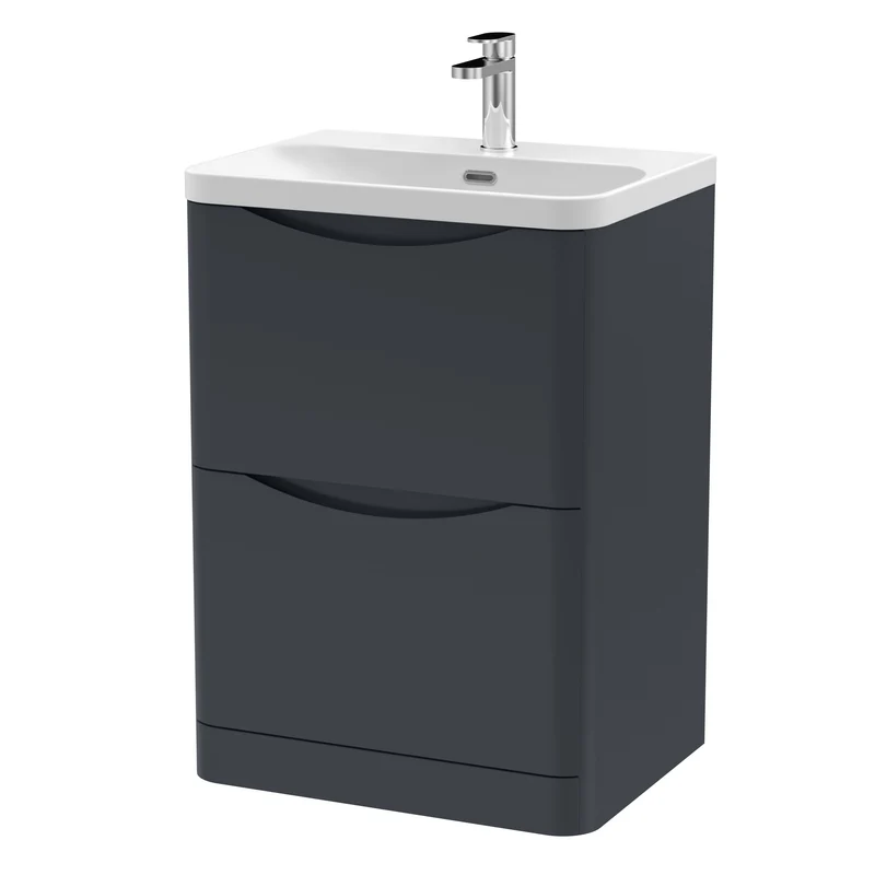 Lunar 600mm Floor Standing 2 Drawer Vanity & Thin Edge Ceramic Basin - Soft Black Satin