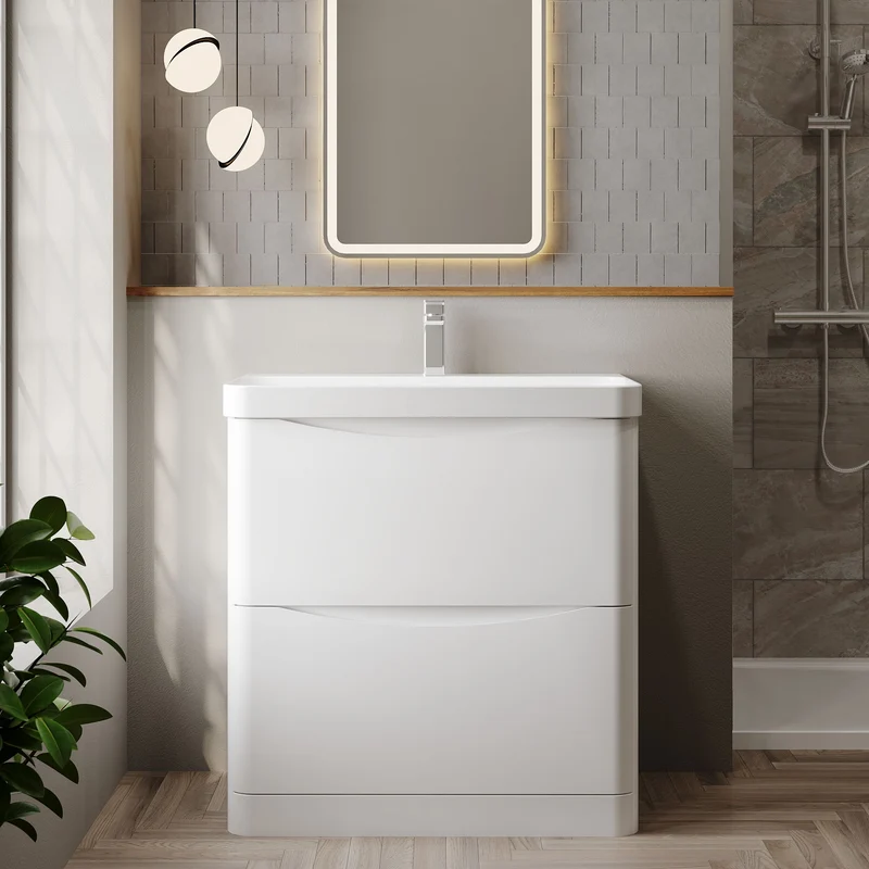 Lunar 800mm Floor Standing 2 Drawer Vanity & Thin Edge Ceramic Basin - White Satin
