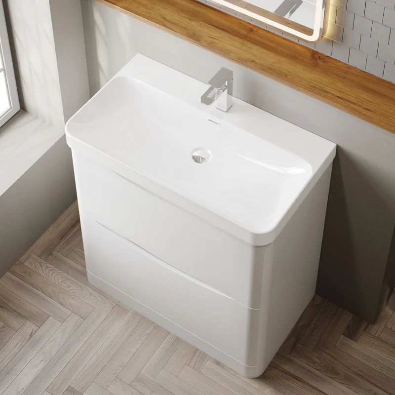 Lunar 800mm Floor Standing 2 Drawer Vanity & Thin Edge Ceramic Basin - White Satin