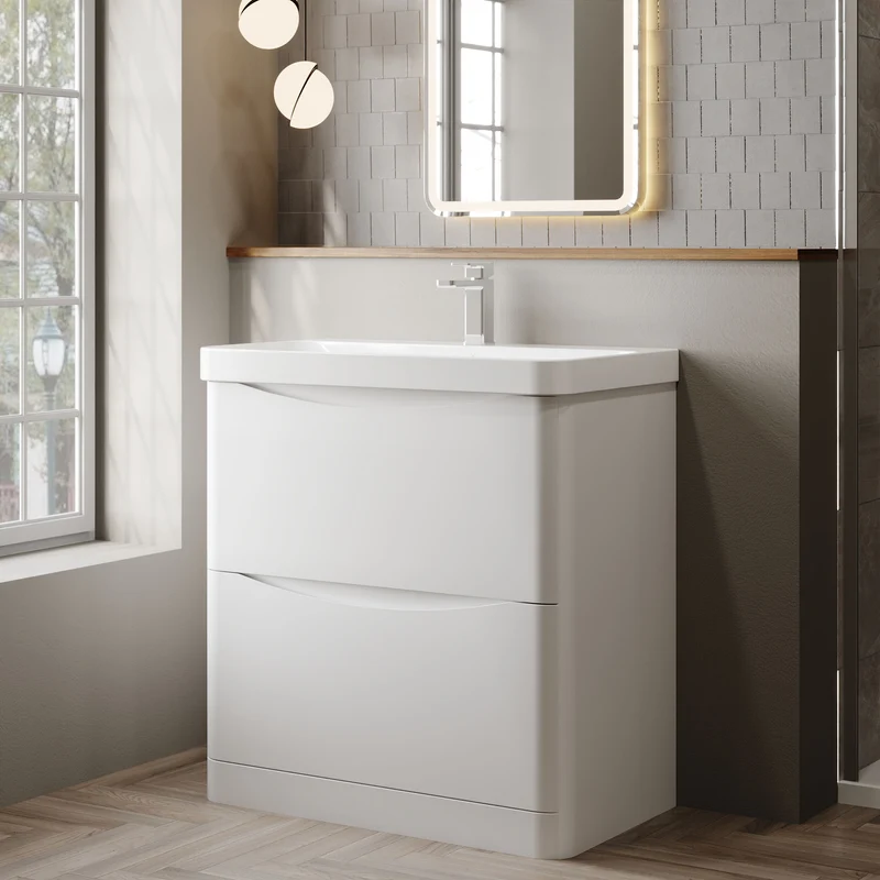 Lunar 800mm Floor Standing 2 Drawer Vanity & Thin Edge Ceramic Basin - White Satin