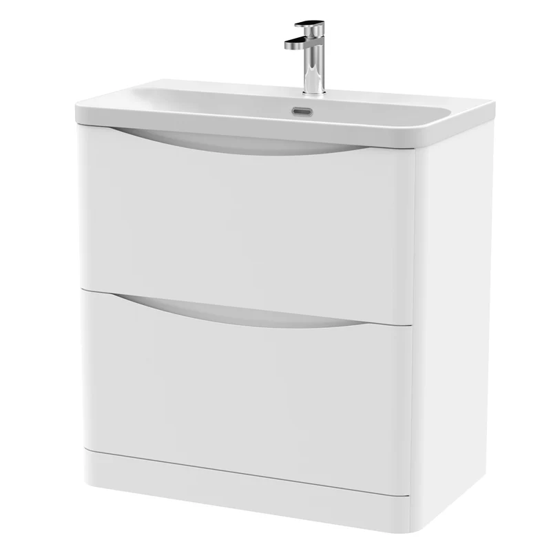 Lunar 800mm Floor Standing 2 Drawer Vanity & Thin Edge Ceramic Basin - White Satin