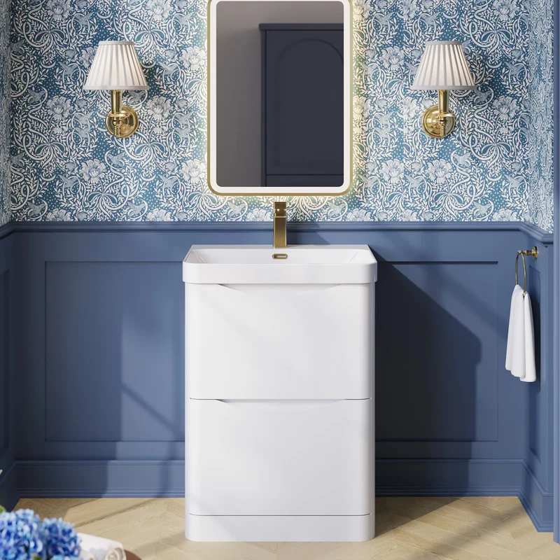 Lunar 600mm Floor Standing 2 Drawer Vanity & Thin Edge Ceramic Basin - White Satin