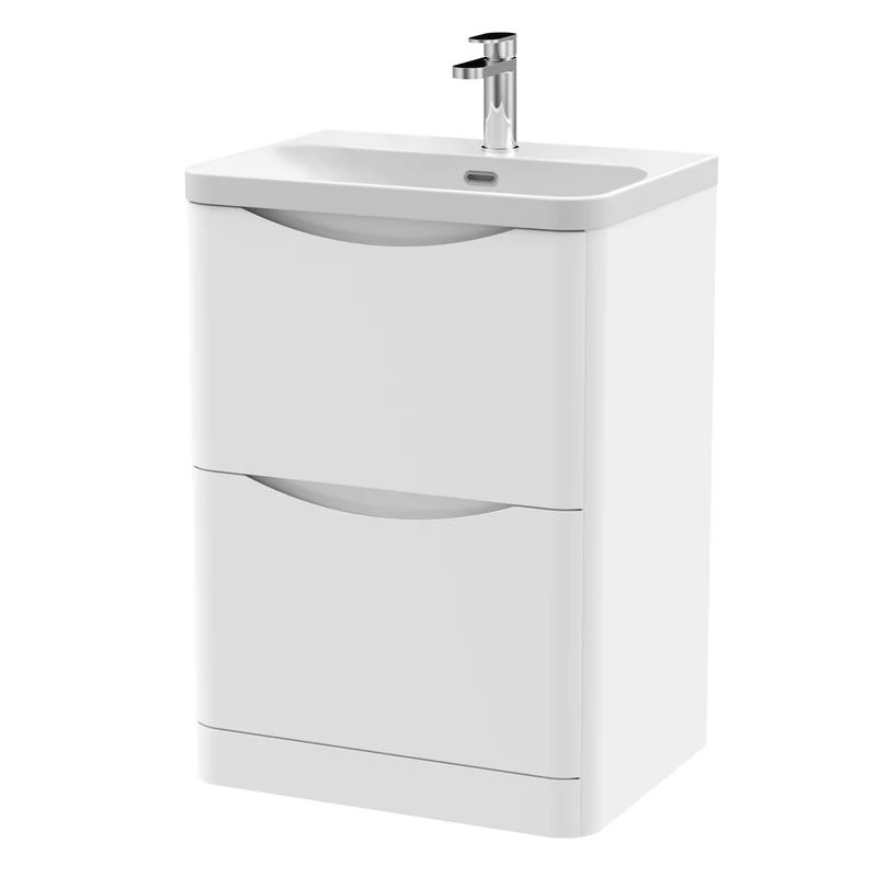 Lunar 600mm Floor Standing 2 Drawer Vanity & Thin Edge Ceramic Basin - White Satin