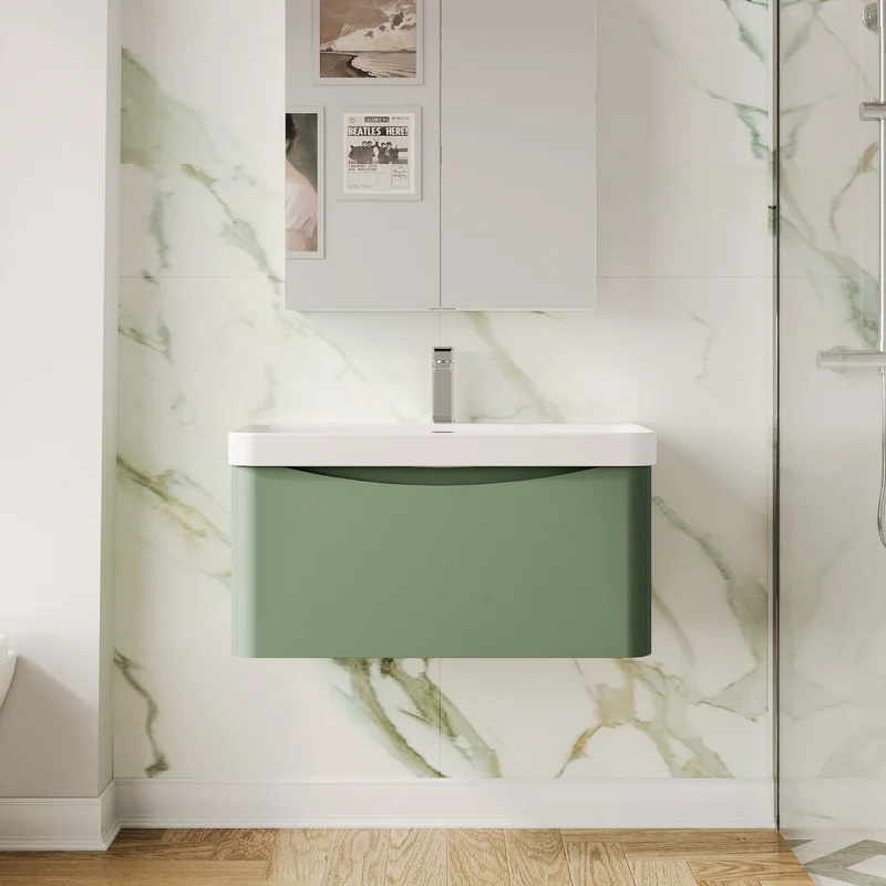 Lunar 800mm Wall Hung 1 Drawer Vanity & Thin Edge Ceramic Basin - Green Satin