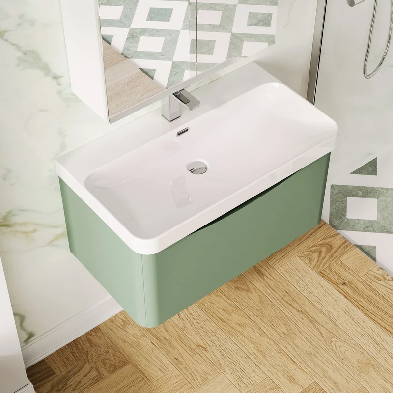 Lunar 800mm Wall Hung 1 Drawer Vanity & Thin Edge Ceramic Basin - Green Satin