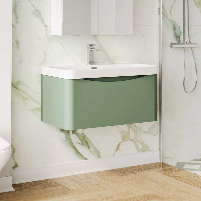 Lunar 800mm Wall Hung 1 Drawer Vanity & Thin Edge Ceramic Basin - Green Satin