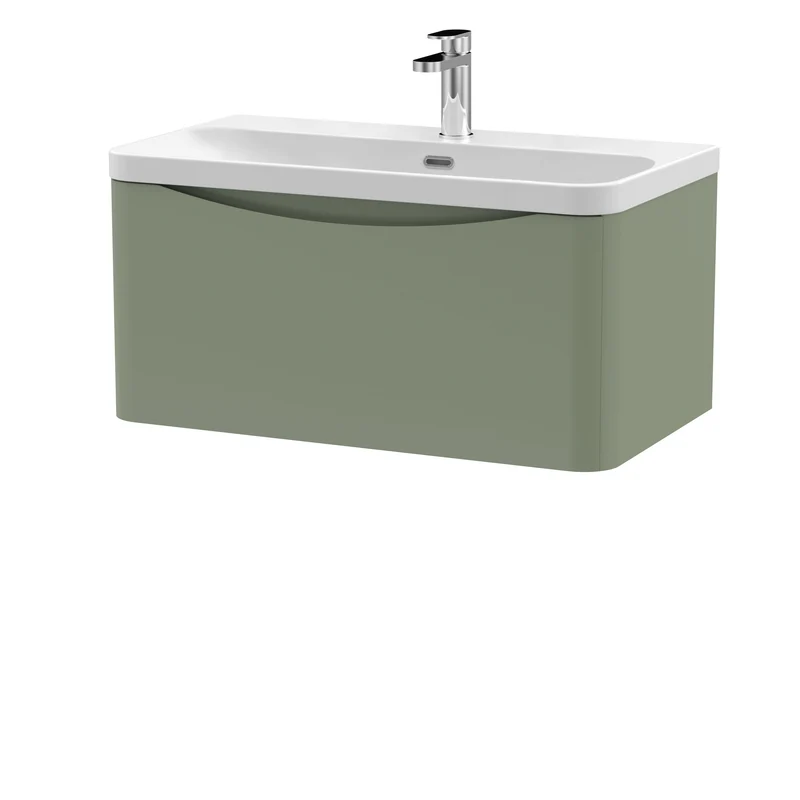 Lunar 800mm Wall Hung 1 Drawer Vanity & Thin Edge Ceramic Basin - Green Satin