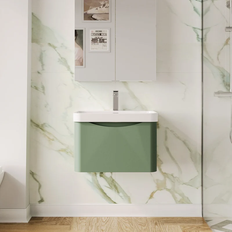 Lunar 600mm Wall Hung 1 Drawer Vanity & Thin Edge Ceramic Basin - Green Satin