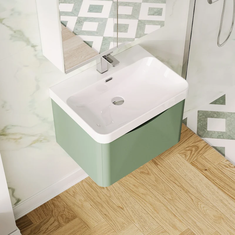 Lunar 600mm Wall Hung 1 Drawer Vanity & Thin Edge Ceramic Basin - Green Satin