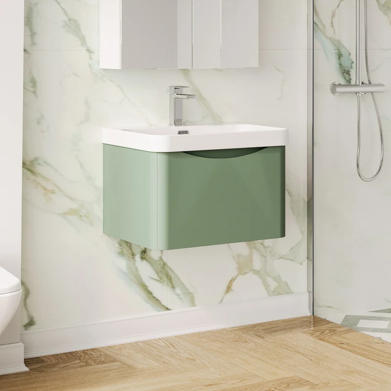 Lunar 600mm Wall Hung 1 Drawer Vanity & Thin Edge Ceramic Basin - Green Satin
