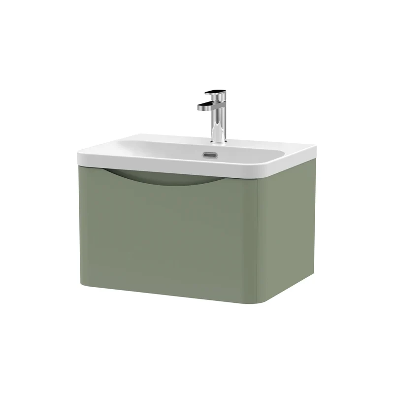 Lunar 600mm Wall Hung 1 Drawer Vanity & Thin Edge Ceramic Basin - Green Satin