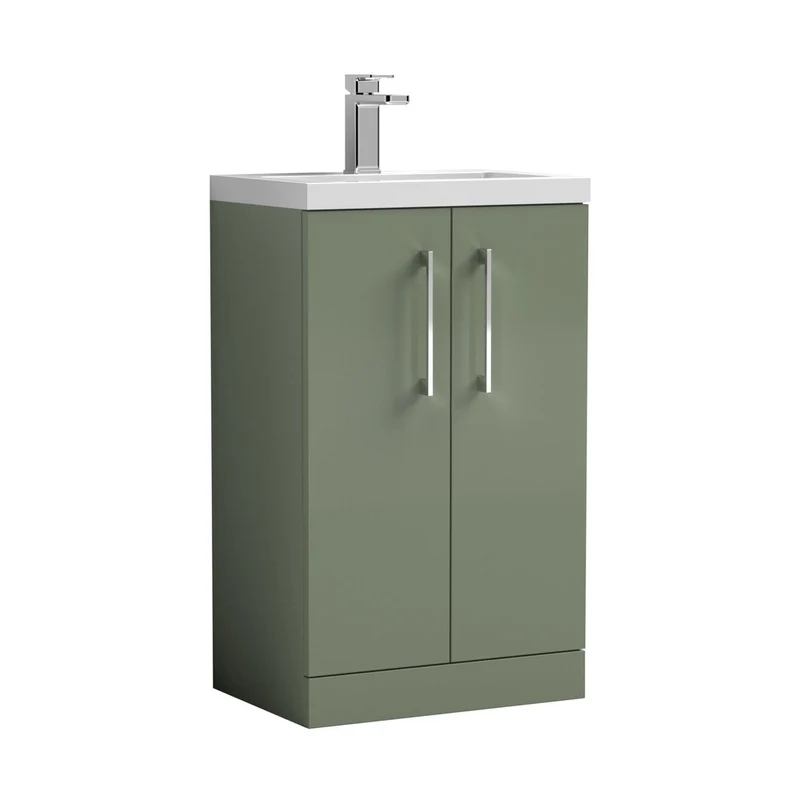 Nuie Arno Compact 500mm Floor Standing 2 Door Vanity & Ceramic Basin Contemporary Satin Green MFC Painted Matt 840x510x360mm