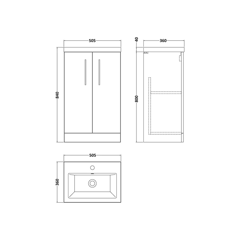 Nuie Arno Compact 500mm Floor Standing 2 Door Vanity & Ceramic Basin Contemporary Satin Green MFC Painted Matt 840x510x360mm