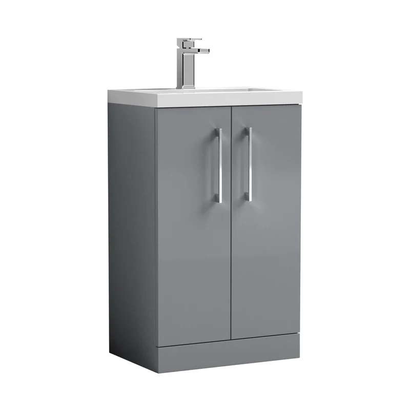 Nuie Arno Compact 500mm Floor Standing 2-door Vanity & Ceramic Basin Contemporary Satin Grey MFC Painted Matt 840x510x360mm