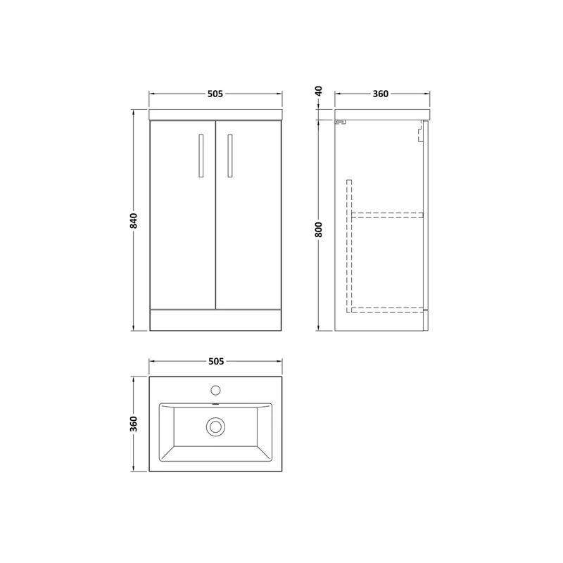Nuie Arno Compact 500mm Floor Standing 2-door Vanity & Ceramic Basin Contemporary Satin Grey MFC Painted Matt 840x510x360mm