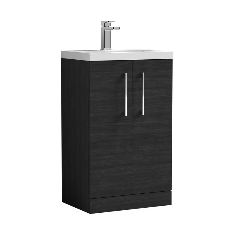Nuie Arno Compact 500mm Floor Standing 2 Door Vanity & Ceramic Basin Contemporary Charcoal Black MFC Textured Woodgrain 840x620x360mm