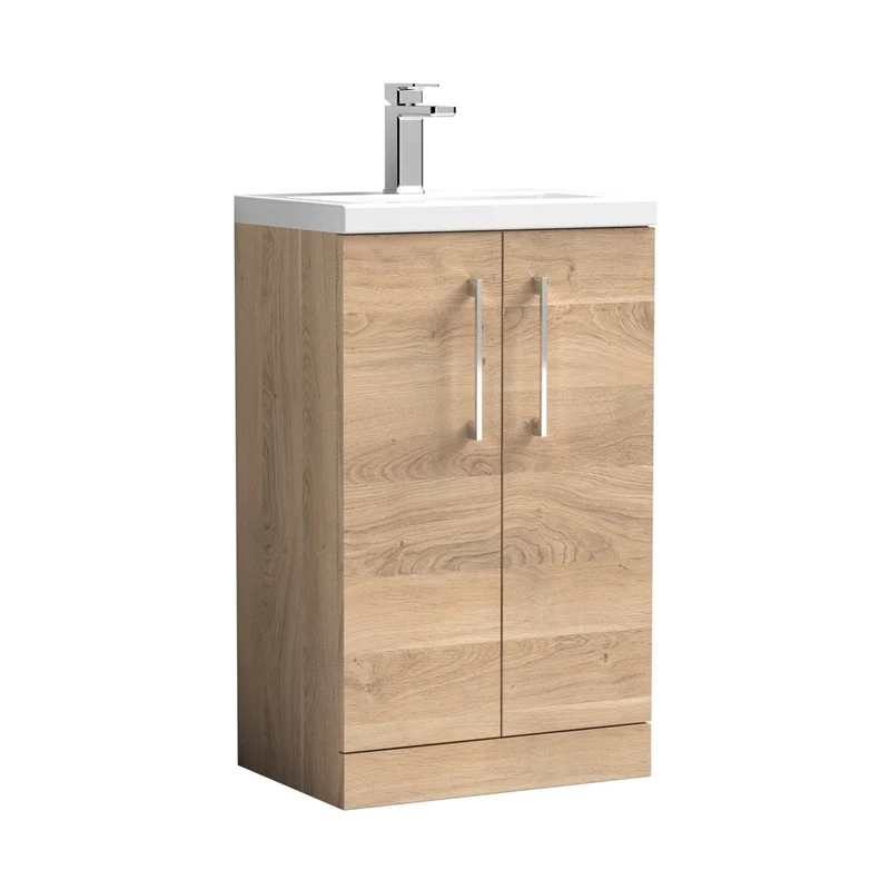 Nuie Arno Compact 500mm Floor Standing 2-door Vanity & Ceramic Basin Contemporary Bleached Oak MFC Textured Woodgrain 840x510x360mm