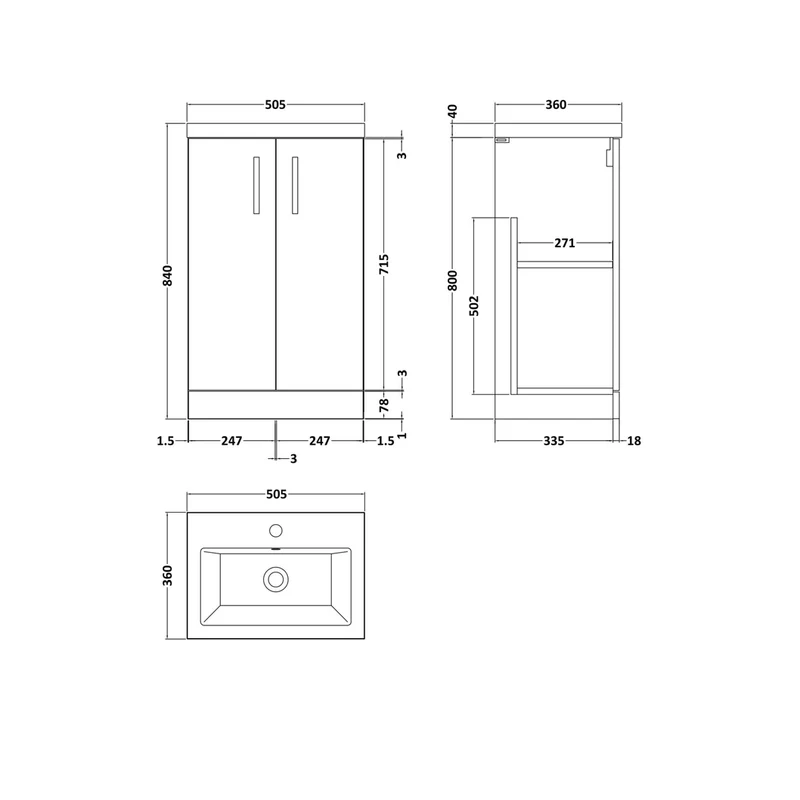 Nuie Arno Compact 500mm Floor Standing 2-door Vanity & Ceramic Basin Contemporary Bleached Oak MFC Textured Woodgrain 840x510x360mm